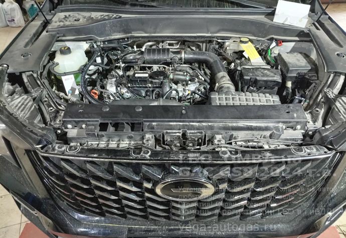 подкапотная компоновка, установка ГБО FSI ОМВЛ для двигателя с непосредственным впрыском на GAC GS8 2024 г.в., 2.0 л., 230 л.с., с пробегом; 78 725 км., тороидальный баллон 74 литра сзади, под кузовом, заправочное устройство под задним бампером, Нижний Новгород, Дзержинск