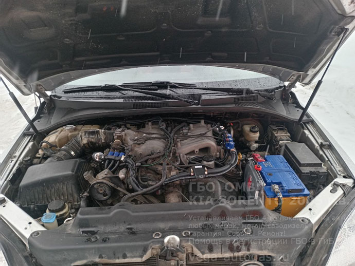 ГБО ОМВЛ в подкапотном пространстве, установка на Киа Соренто 2005 г.в., 3.4 л., 195 л.с., пробег 188 150 км., тороидальный баллон 74 литра, сзади, под кузовом, ВЗУ под задним бампером, Нижний Новгород, Дзержинск